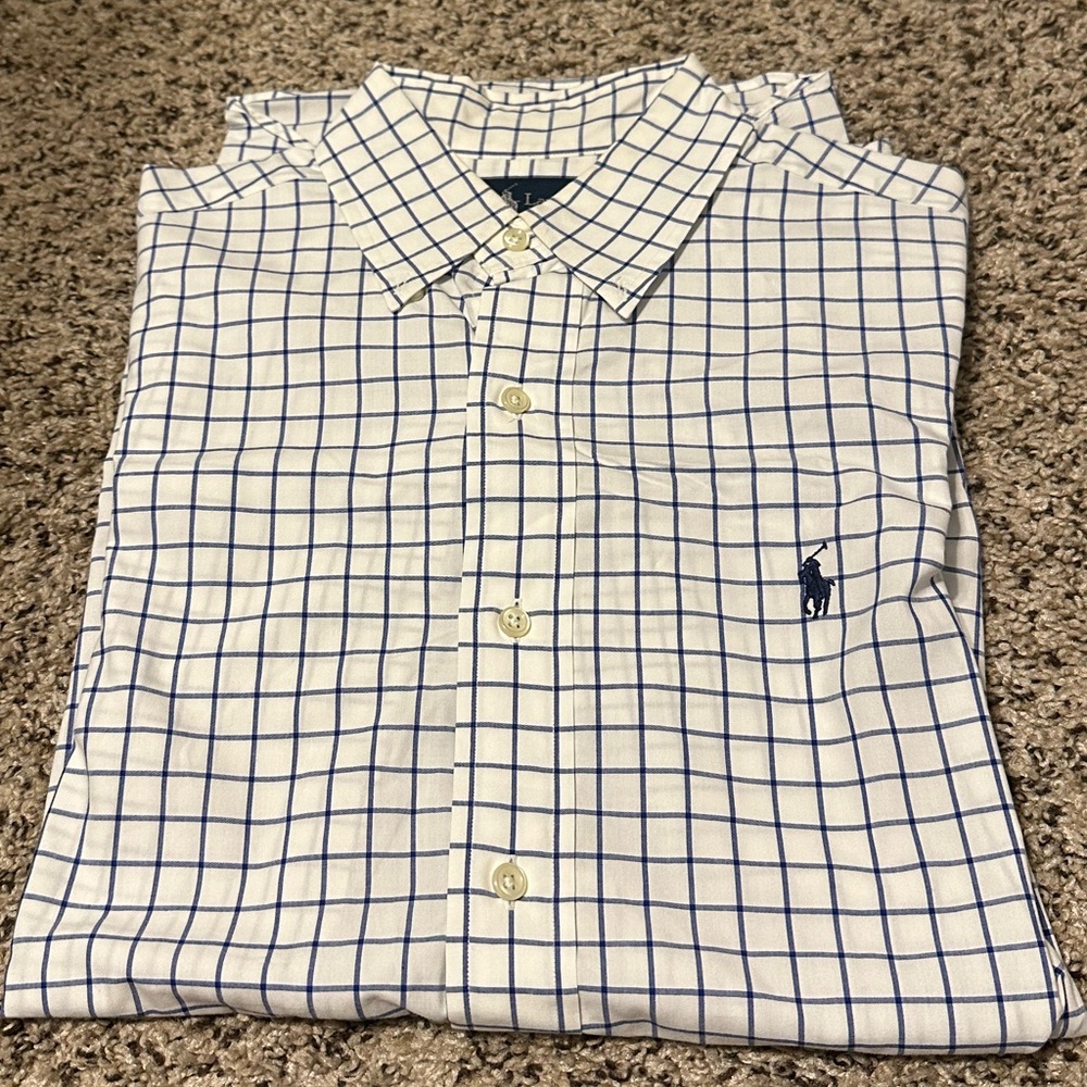 Ralph Lauren Men's White and Blue Grid long sleeve dress shirt.